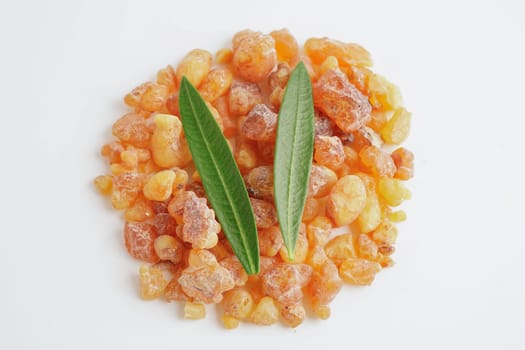 Frankincense or olibanum aromatic resin isolated on white background used in incense and perfumes.
