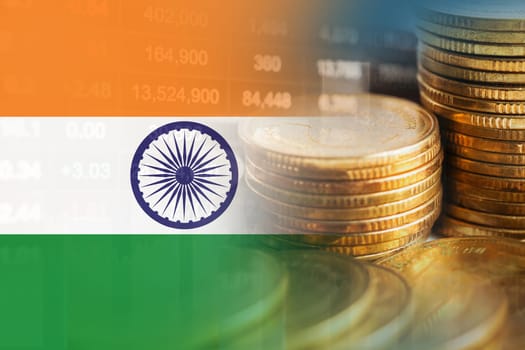 India flag with stock market finance, economy trend graph digital technology.