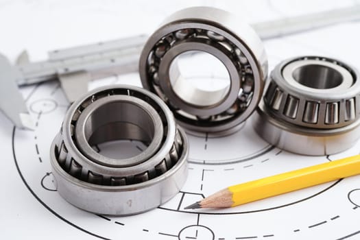 Engineering and precision tools with metal ball bering, mechanical industrial.