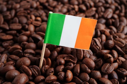 Ireland flag on coffee beans, shopping online for export or import food product.