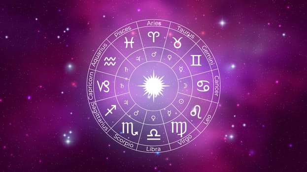Circle with Zodiac Signs on Colorful Starry Space Background