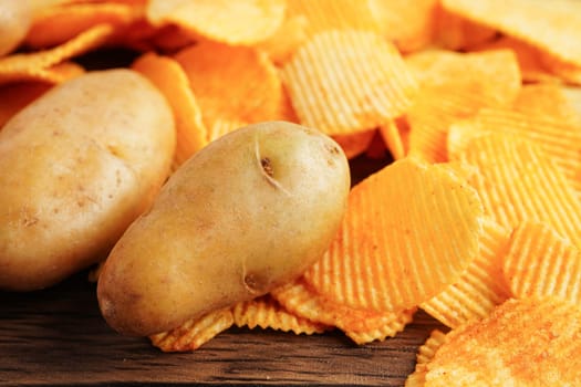 Potato chips , delicious BBQ seasoning spicy for crips, thin slice deep fried snack fast food.
