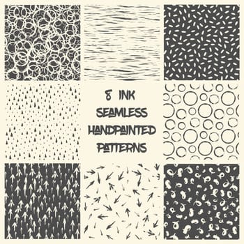 Set of 8 seamless patterns. Hand painted with ink and brush. Geometric tileable graphic design elements for scrapbook, invitation, web wallpaper, book cover, poster. Vector illustration