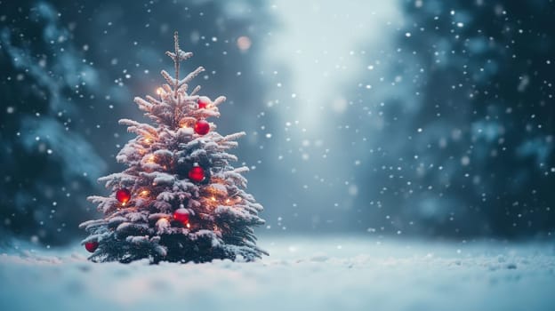 Christmas Tree in Snowy Forest, Festive Winter Scene