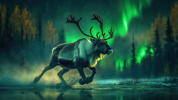 Reindeer Running Under Northern Lights, A Magical Winter Scene
