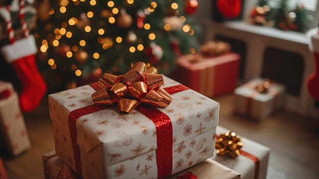 Christmas gifts under the tree, Festive holiday presents wrapped in decorative paper with bows