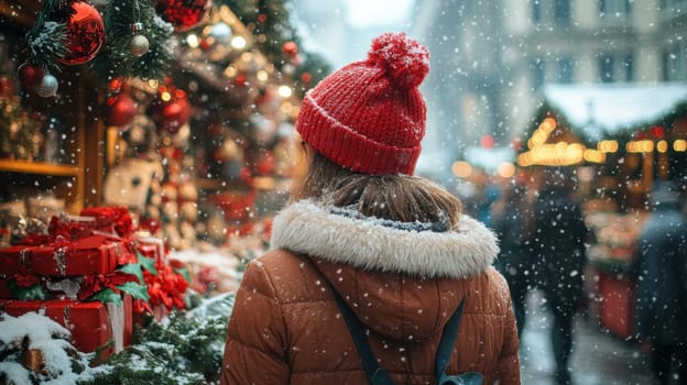 Woman browsing Christmas market on snowy day. Holiday shopping, festive atmosphere.
