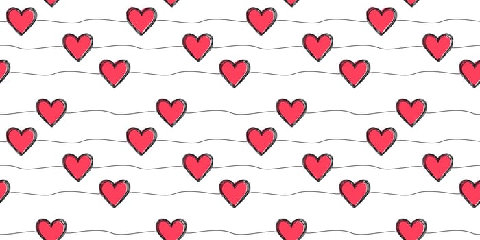 Lovely seamless pattern with hand drawn scribble hearts and stripes randomly placed. Vector illustration
