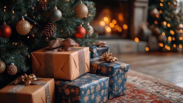 Christmas gifts under the tree near fireplace. Cozy winter holidays at home