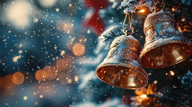 Golden Christmas bells on snowy tree with bokeh lights. Festive holiday background.