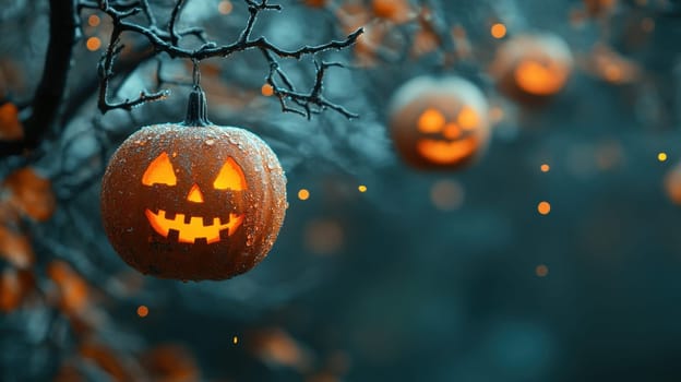 Glowing Halloween Pumpkins Hanging from Spooky Tree