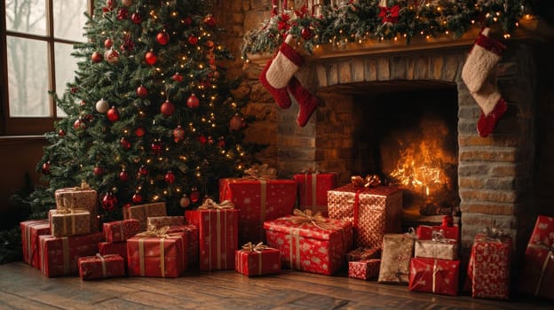 Christmas Fireplace Scene with Gifts and Tree, Warm Holiday Atmosphere