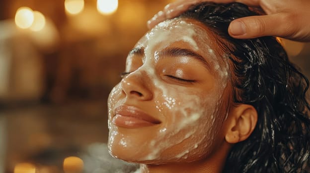 Woman enjoying a facial treatment with a moisturizing mask at a spa. Concept of skincare, beauty, relaxation, and wellness.
