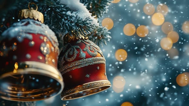 Christmas bells on snowy fir tree branch with bokeh lights. Festive holiday background.