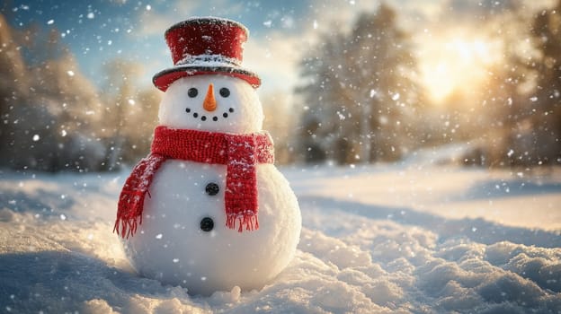 Snowman with red hat and scarf in winter wonderland. Christmas magic concept.