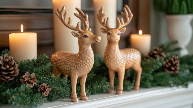 Golden Reindeer Figurines with Christmas Decor, Festive Holiday Mantelpiece