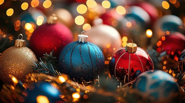 Colorful Christmas Ornaments with Sparkling Lights, Festive Holiday Background