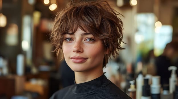 Confident Young Woman with Short Brown Hair, Beauty and Style Portrait