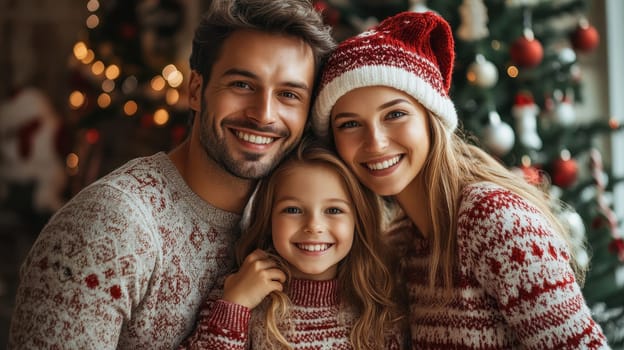 Portrait of a happy family smiling by the Christmas tree at home. Celebrating Christmas holidays, winter joy, family traditions and togetherness. Authentic moments of love and connection.