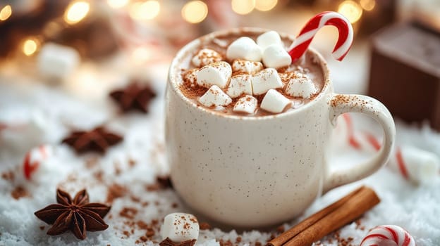 Hot Chocolate with Marshmallows and Candy Cane for Christmas