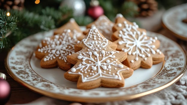 Christmas gingerbread cookies on plate with festive decorations. Holiday baking concept