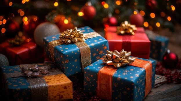 Christmas Gifts Wrapped and Decorated Under Tree with Lights, Festive Holiday Season