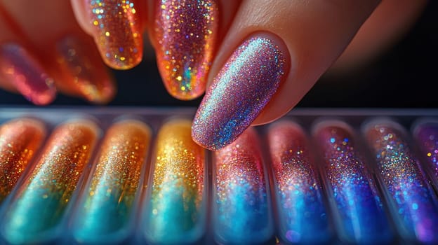 Close up of woman's hand with glitter ombre nails choosing nail polish color samples. Nail art, beauty salon concept