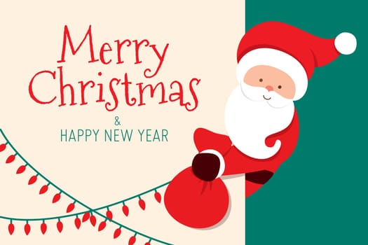Merry Christmas card with Santa Claus peeking and holding presents bag. Cartoon character of a man with beard. Vector illustration