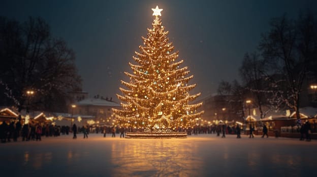 Christmas Market with Giant Illuminated Tree and Ice Rink
