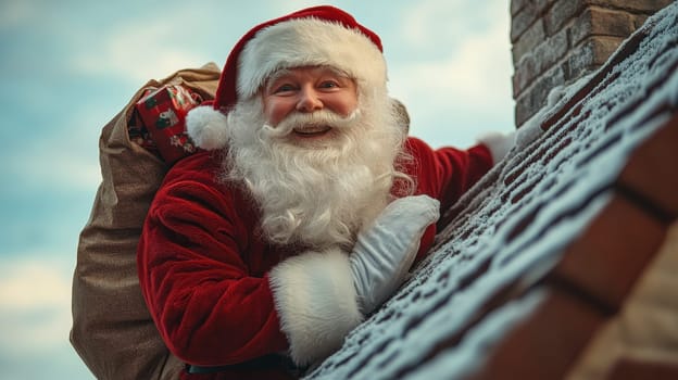 Santa Claus on Roof with Gifts, Christmas Eve Delivery