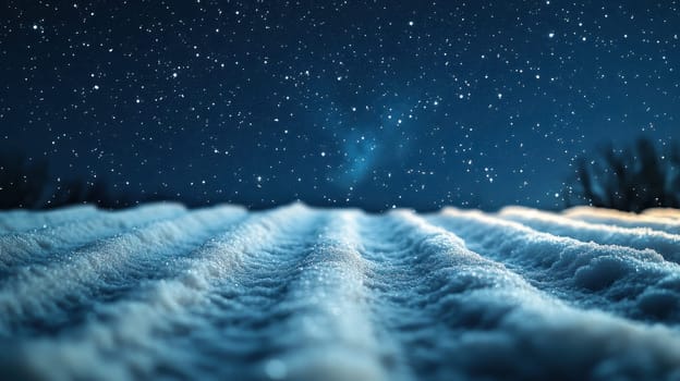 Snowy Field Under Starry Night Sky, Winter Landscape
