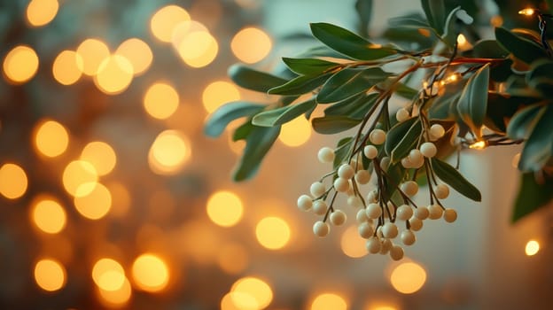 White Berries and Fairy Lights, Festive Christmas Decoration with Bokeh Background