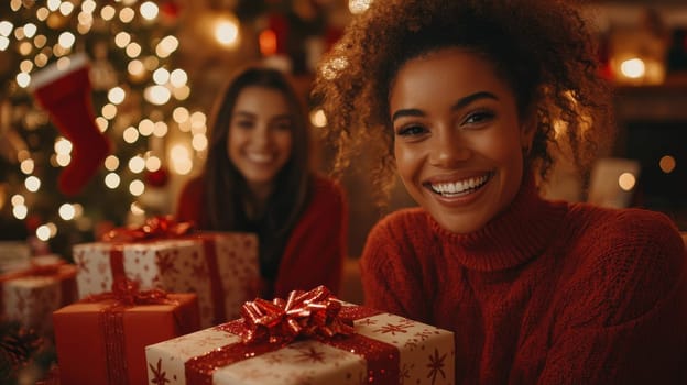Happy Young Women with Christmas Gifts at Home