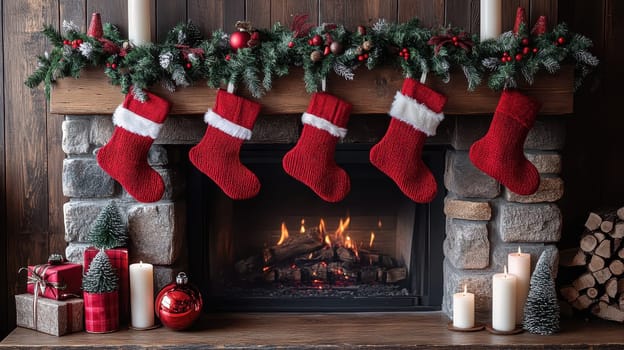 Christmas stockings hanging on fireplace mantel. Cozy winter holiday home decor.