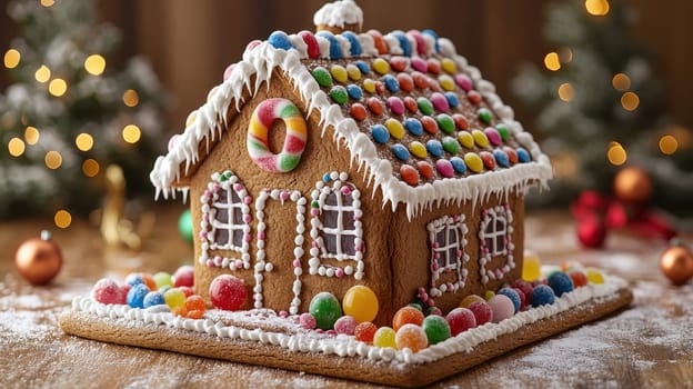 Gingerbread House with Candy Decorations on Festive Christmas Background