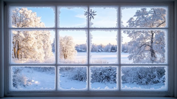 Frosty Window View of a Snowy Winter Wonderland