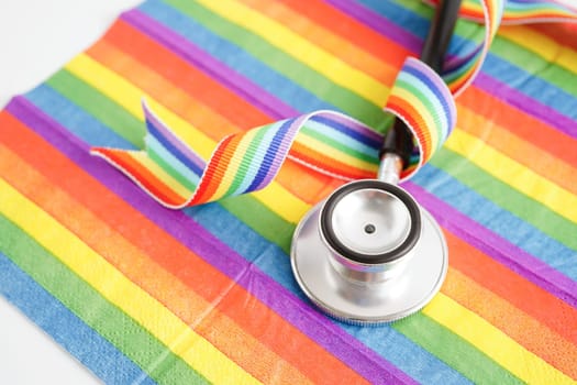 LGBT symbol, Stethoscope on rainbow flag, rights and gender equality, LGBT Pride Month in June.