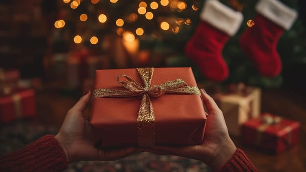 Christmas Gift, Hands Holding Present in Front of Decorated Tree