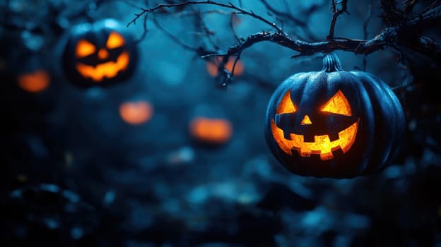 Spooky Halloween Pumpkins Hanging in a Dark Forest