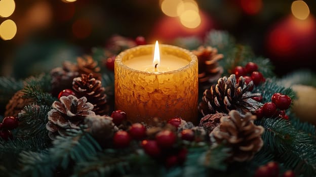 Burning Christmas Candle with Festive Decorations, Warm Holiday Ambiance