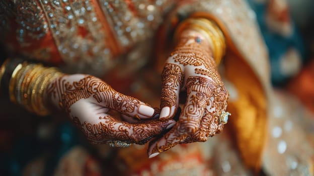 Bride's Hands with Henna Tattoo and Gold Jewelry, Traditional Wedding Ceremony