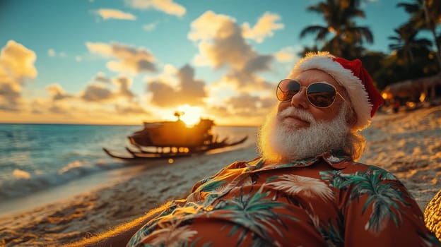 Santa Claus relaxing on tropical beach at sunset. Christmas vacation, holiday travel, and festive getaway concept.