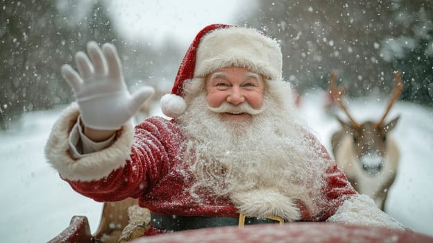 Santa Claus Waving from Sleigh in Snowy Forest, Christmas Magic