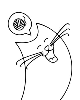 Doodle cat. Cute kitty dreaming of fun toys. Coloring book, pet shop or cat food advertisement. Hand drawn black and white animal banner for web. Graphic design element. Vector illustration