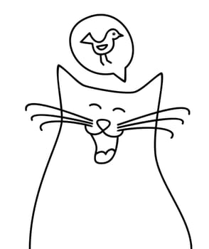 Doodle happy cat. Cute kitty thinking of tasty food. Coloring book, pet shop or cat food advertisement. Hand drawn black and white animal banner for web. Graphic design element. Vector illustration