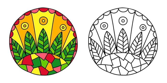 Round coloring ornament, empty and filled with colorful hand drawn doodle motifs in a circle, isolated on white background. Vector illustration
