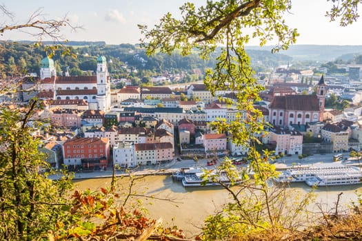 Aerial view of Passau with the Danube river, embankment and cathedral, Bavaria, Germany