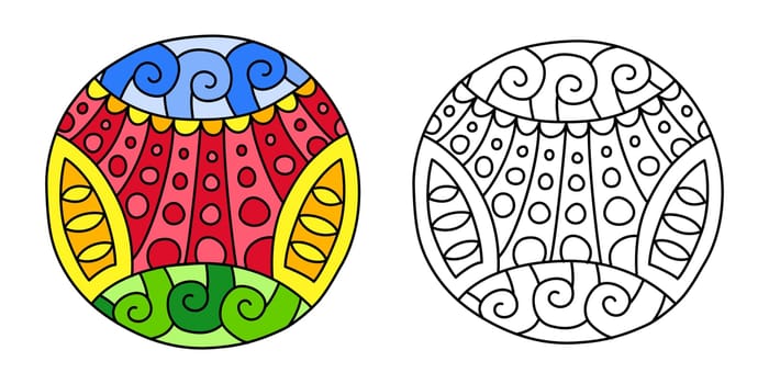 Round coloring ornament, empty and filled with colorful hand drawn doodle motifs in a circle, isolated on white background. Vector illustration