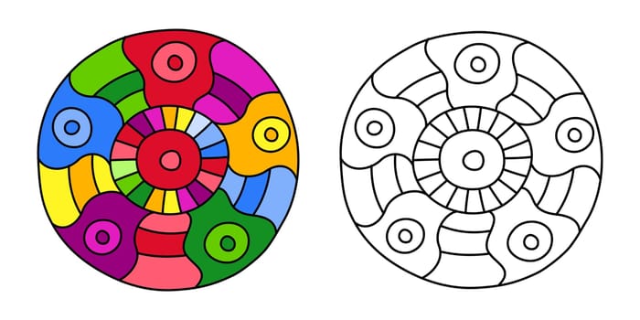 Round coloring ornament, empty and filled with colorful hand drawn doodle motifs in a circle, isolated on white background. Vector illustration