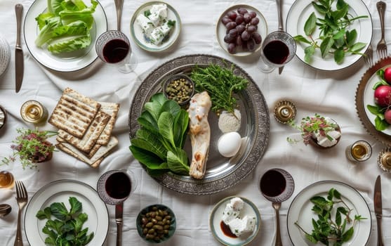 A vibrant and detailed Passover Seder meal presentation with matzah, wine, and traditional items on a bright white cloth.